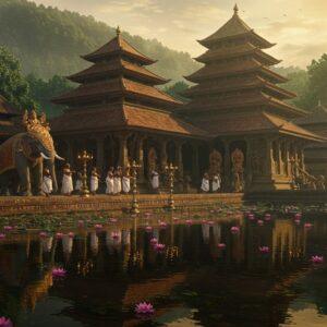 A majestic ancient Kerala-style temple with traditional copper-plated roof tiers and intricate wooden carvings, set against the backdrop of lush green hills during golden hour. The temple's reflection perfectly mirrors in a sacred temple pond adorned with blooming pink lotus flowers. Ornate brass temple lamps (vilakku) line the pathway, their flames creating a mystical golden glow. Two elephants decorated with traditional Kerala nettipattam (golden headdress) stand regally at the temple entrance. The scene features intricate Madhubani-style border patterns in gold and maroon, depicting traditional Kerala motifs. Rays of divine light filter through morning mist, creating a ethereal atmosphere. The foreground shows detailed stone sculptures of divine beings and traditional Kerala architecture with detailed woodwork. A group of devotees in traditional Kerala attire (white and gold kasavu) are seen performing pradakshina (circumambulation). The scene combines photorealistic details with ethereal lighting, rendered in a style merging traditional Indian art with modern digital techniques, emphasizing deep colors of gold, maroon, and forest green. Hyper-detailed, cinematic lighting, atmospheric haze, volumetric lighting, 8k resolution