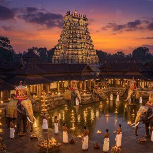 A majestic aerial view of Thirumandhamkunnu Temple during dusk, illuminated by hundreds of traditional brass lamps and modern spotlights. The traditional Kerala-style architecture features rich copper-colored roofs with intricate wooden carvings. In the foreground, a group of devotees in traditional Kerala attire (men in white mundus, women in cream and gold kasavu sarees) perform the traditional lamp-lighting ceremony. The temple pond reflects the golden lights creating a mirror effect. Multiple elephants adorned with golden nettipattam stand majestically in the temple courtyard. Vibrant festival flags and colorful umbrellas add ceremonial grandeur. The scene includes detailed Madhubani-style border patterns featuring temple motifs and Kerala symbols. The sky shows a gradient of deep purple to orange with glowing mandalas forming in the clouds. The lighting creates a divine atmosphere with soft golden rays emerging from the temple sanctum. The overall composition combines photorealistic architecture with ethereal spiritual elements in a modern digital art style, emphasizing both the temple's ancient heritage and its living traditions.
