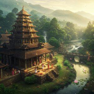 A mystical aerial view of the ancient Thirunelli Temple nestled in the emerald green Wayanad forests, surrounded by misty Western Ghats mountains. The temple's traditional Kerala architecture features golden-tipped roof peaks and intricate wooden carvings. A sacred stream (Papanasini) flows beside the temple, reflecting golden morning sunlight. In the foreground, a beautifully detailed stone mandapa with ornate pillars, where devotees in traditional Kerala attire perform rituals. The scene is enhanced with floating lotus flowers, glowing diyas, and rising incense smoke creating ethereal patterns. The color palette combines deep forest greens, golden sunrise hues, earthy temple stones, and the pure white of morning mist. The art style merges hyperrealistic architectural details with ethereal, dreamy lighting effects. Multiple small waterfalls cascade down the surrounding hills, creating a serene atmosphere. Sacred elephants adorned with traditional temple decorations stand majestically near the temple entrance. The entire scene is enveloped in a divine aura with subtle golden particles floating in the air, suggesting spiritual energy.