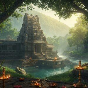 Ancient stone temple nestled in misty Western Ghats mountains, complex Dravidian architecture with intricate carvings, granite walls weathered with age, surrounded by emerald forests. Temple features multi-tiered gopuram with detailed sculptures of deities and mythological scenes rendered in traditional Kerala style. Crystal-clear Papanasini river flowing nearby, stone steps leading to water. Golden morning sunlight filtering through trees creating divine atmosphere. Sacred banyan trees with aerial roots frame the temple. Foreground shows traditional Kerala oil lamps and flower offerings. Mandala patterns and sacred geometry overlaid subtly in golden light. Scene captured in hyperrealistic digital art style with ethereal lighting effects. Rich color palette of deep forest greens, weathered stone grays, and warm golden sunlight. Perspective from slightly elevated angle showing temple's majestic position in valley. Soft morning mist adding mystical quality.