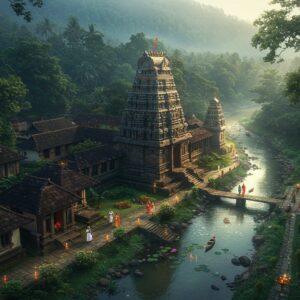 A serene aerial view of Thirunelli Temple nestled in the lush Western Ghats of Wayanad, surrounded by emerald forests and misty mountains. The ancient stone temple structure features intricate Dravidian architecture with ornate gopuram, rendered in the style of traditional Madhubani art but with modern digital enhancement. In the foreground, comfortable modern guest houses with traditional Kerala architecture blend harmoniously with the landscape. Pilgrims in traditional attire walk along well-maintained stone pathways lined with oil lamps. The sacred Papanasini River flows nearby, its waters gleaming with golden morning light. The scene includes subtle details like floating lotus flowers, prayer flags, and wisps of incense smoke. The color palette combines deep forest greens, earthy browns, and touches of gold, with a soft morning mist adding an ethereal quality. The lighting creates a divine atmosphere with gentle sun rays filtering through the trees, illuminating the temple complex. Art style merges photorealistic architectural details with ethereal Indian artistic elements, creating a mystical yet inviting atmosphere.