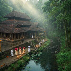 An aerial view of the ancient Thirunelli Temple nestled in the misty Brahmagiri hills of Wayanad, surrounded by emerald forests and flowing streams. The temple's traditional Kerala architecture features sloped tiled roofs, intricate wooden carvings, and golden flagstaff. Morning sunlight breaks through clouds, creating divine rays that illuminate the temple's stone courtyard. In the foreground, a serene Papanasini stream flows with crystal clear waters, decorated with floating lotus flowers and oil lamps. A small group of devotees in traditional Kerala attire (men in white mundu, women in cream and gold kasavu sarees) perform morning rituals near the stream. The scene includes ancient stone steps leading to the temple, surrounded by tall bamboo trees and indigenous flora. The color palette combines deep forest greens, morning mist blues, golden sunlight, and earthy stone textures. The art style merges photorealistic architectural details with ethereal lighting and mystical elements, creating a spiritually uplifting atmosphere. Soft glowing halos around the temple spires suggest divine presence.