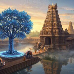 A majestic aerial view of the ancient Jambukeswarar Temple complex at dawn, with golden sunlight illuminating its towering gopuram adorned with intricate Dravidian sculptures. The temple tank (Theertham) reflects the structure like a mirror, with gentle ripples creating mystical patterns. In the foreground, a sacred jambu tree with ethereal blue aura stands tall, its branches adorned with delicate golden leaves. Temple elephants blessed with vermillion and adorned with traditional temple decorations stand near the entrance. Soft mist surrounds the temple base, creating a mystical atmosphere. Several devotees in traditional Tamil attire walking towards the temple, their silhouettes casting long shadows. The scene features subtle mandala patterns in the sky, rendered in soft pastel blues and golds. The overall composition combines hyperrealistic architectural details with ethereal lighting and spiritual symbolism, utilizing deep maroons, peacock blues, and saffron colors. The art style merges traditional Pattachitra techniques with modern digital aesthetics, emphasizing the temple's grandeur and spiritual significance.