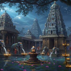 An ancient South Indian temple complex with towering gopurams, richly carved in Dravidian architecture style, emerging from a mystical water body with floating lotus flowers. The main shrine features Lord Shiva as Jambukeswarar, depicted in a ethereal blue-gold aura, with the sacred jambu tree branches framing the scene. The temple's five elemental lingams are visualized through glowing orbs of earth (golden), water (deep blue), fire (crimson), air (white), and space (purple) arranged in a sacred geometric pattern. The foreground shows intricate stone-carved elephants spraying water, representing the water element of the temple. The scene is illuminated by traditional brass temple lamps casting warm golden light, while moonlight filters through the temple's corridors. Devotees in traditional Tamil attire are seen performing abhishekam with water, highlighting the temple's water shrine significance. The artwork style combines hyperrealistic architectural details with mystical elements, featuring a color palette of deep blues, gold, and earth tones. Soft light rays pierce through the temple's pillared halls, creating a divine atmosphere. The scene is rendered in a combination of Dravidian temple art style and modern digital aesthetics, with detailed textures on the stone sculptures and a ethereal glow throughout.