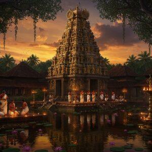 A magnificent ancient Kerala temple complex with traditional Dravidian architecture, featuring towering gopurams adorned with intricate sculptures in gold and terracotta tones. The temple pond reflects the structure like a mirror, with lotus flowers floating on its surface. In the foreground, a group of devotees in traditional Kerala attire (men in white mundus, women in cream and gold kasavu sarees) perform rituals. The scene is illuminated by traditional bronze oil lamps creating a warm, golden glow. Surrounding the temple are ancient banyan trees with hanging roots, their branches adorned with small clay lamps. The background shows a blend of coconut palms and traditional Kerala-style houses with sloped terracotta roofs. The sky features dramatic sunset colors - deep orange and purple, with hints of golden rays breaking through clouds. The entire scene is rendered in a style that combines traditional Pattachitra art techniques with modern digital aesthetics, emphasizing rich colors like deep maroon, forest green, and burnished gold. Ethereal light particles float in the air, creating a mystical atmosphere. The composition maintains photorealistic details while incorporating surreal elements like glowing mandalas subtly appearing in the sky.