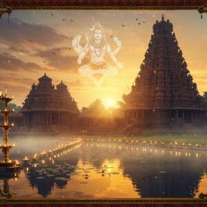 A majestic ancient Shiva temple at sunrise, featuring intricate Dravidian architecture with multi-tiered gopurams adorned with detailed stone carvings. Lord Shiva in his cosmic dance pose emerges as a ethereal, translucent form above the temple, four-armed, holding damaru in upper right hand, fire in upper left, lower right in abhaya mudra, and lower left in gaja hasta pose. The temple structure reflects in a serene sacred pond with floating lotus flowers. Soft morning mist surrounds the temple base, with golden sunrays filtering through, creating a divine atmosphere. Traditional Kerala-style oil lamps line the temple pathway, their flames creating a warm glow. Intricate Madhubani-style patterns in gold and saffron frame the scene, featuring traditional Kerala motifs of elephants and peacocks. The color palette combines deep maroons, peacock blues, and burnt gold, with hints of morning pink in the sky. The scene is rendered in a blend of hyperrealistic digital art with traditional Indian art elements, emphasizing both the temple's historical significance and its spiritual energy. Ethereal particles of light dance around the temple structure, suggesting divine presence.