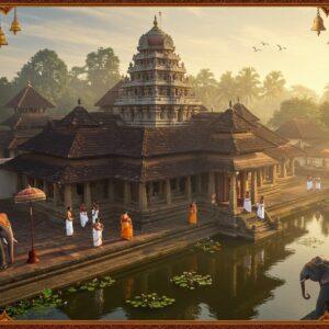 A grand aerial view of the ancient Thiruvanchikulam Mahadeva Temple at golden hour, with its traditional Kerala architecture featuring multiple copper-plated pitched roofs and white-washed walls. The temple pond reflects the warm sunlight, creating a mirror-like surface with lotus flowers. In the foreground, a group of devotees (3 men in white mundus and 2 women in traditional Kerala sarees with golden borders) ascend the stone steps. Intricate Madhubani-style border patterns frame the scene, incorporating elements like conch shells, bells, and Om symbols in gold and deep maroon. The temple's distinctive circular sanctum sanctorum is highlighted with a subtle divine glow. Soft rays of light filter through morning mist, creating a mystical atmosphere. Sacred temple elephants adorned with traditional decorative umbrellas stand majestically near the temple entrance. The scene combines photorealistic architecture with ethereal lighting and traditional Indian artistic elements, rendered in a style that blends digital art with Kerala mural painting techniques. The color palette focuses on gold, ivory, deep reds, and forest greens typical of Kerala temples.