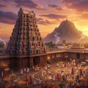 A majestic aerial view of the grand Annamalaiyar Temple during sunrise, with the sacred Arunachala Hill in the background emanating a divine golden glow. The temple's towering gopuram features intricate Dravidian architecture with detailed carvings in rich maroon, gold, and saffron colors, rendered in a fusion of traditional Pattachitra and modern digital art style. In the foreground, a group of devotees in traditional South Indian attire performing pradakshina around the temple, their forms creating a flowing river of white and gold. The scene is illuminated by hundreds of oil lamps creating a mystical atmosphere with their warm light. Sacred bulls adorned with bells and garlands rest near the temple entrance. Ethereal wisps of incense smoke curl through the air, forming subtle mandala patterns. The sky features a blend of deep orange and purple hues with scattered clouds that appear to be blessed by divine light. The overall composition emphasizes the spiritual energy with soft glowing elements and a surreal, dreamlike quality while maintaining photorealistic architectural details.