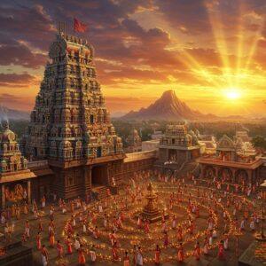 A majestic aerial view of Thiruvannamalai temple complex during sunset, with the sacred Arunachala hill in the background emanating a divine golden glow. The massive 217-foot-tall eastern gopuram towers in the foreground, intricately detailed with traditional Dravidian architecture, painted in vibrant colors of red, gold, and white. Below, devotees in traditional Tamil attire perform Girivalam (circumambulation) around the temple, creating a human chain of lights with traditional oil lamps. The scene includes small vignettes of spiritual activities: sadhus meditating in ancient caves, traditional classical dancers performing in temple courtyards, and devotees offering prayers with camphor flames. The sky features mystical clouds in deep oranges and purples, with streams of divine light breaking through. The entire scene is rendered in a fusion of Thanjavur painting style and modern digital art, with detailed gold leaf effects, intricate patterns, and a ethereal atmosphere. Rich textures of temple stone work, scattered marigold flowers, and rising incense smoke add depth to the composition.