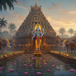 A majestic ancient Kerala-style temple with multiple golden-tipped tiers rises against a mystical dawn sky, its reflection shimmering in a sacred pond filled with pink lotuses. Lord Rama stands in the center, four-armed, holding bow (upper right), arrow (upper left), conch (lower right), and chakra (lower left), adorned in rich traditional Kerala temple attire with golden ornaments. The temple architecture features intricate Madhubani-style carvings depicting scenes from Ramayana in deep maroon and peacock blue. Ornate brass temple lamps line the pathway, their flames creating a warm golden glow. Traditional Kerala elephants decorated with golden caparisons stand majestically at the temple entrance. The scene is surrounded by coconut palms and banyan trees with hanging roots. Ethereal morning mist adds depth, while subtle mandala patterns in saffron and gold float in the atmosphere. The lighting combines both dawn's natural soft blues and the warm glow of traditional temple lamps. Rendered in a fusion of traditional Pattachitra art style with modern digital aesthetics, emphasizing deep colors and intricate details.