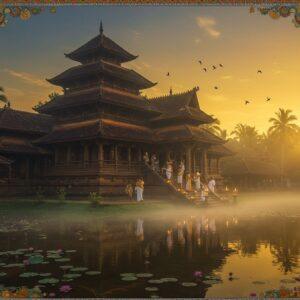 An ancient Kerala-style temple architecture with sloped tiered roofs and intricate wooden carvings, set against a mystical golden sunrise. The majestic Thriprayar Sree Krishna Temple stands prominently, its traditional Malayalam architecture featuring copper-plated roofs gleaming in sunlight. A serene pond in the foreground reflects the temple structure, with blooming lotus flowers dotting its surface. Traditional Kerala oil lamps (nilavilakku) line the temple pathway, their flames creating a warm golden glow. Devotees in traditional Kerala attire (men in white mundu, women in cream-colored Kerala sarees with golden borders) are seen climbing the temple steps. Intricate Madhubani-style patterns frame the scene, incorporating elements like peacocks, elephants, and traditional Kerala motifs. The background shows towering coconut palms silhouetted against a sky in shades of saffron and deep blue. The overall atmosphere combines photo-realistic temple architecture with ethereal lighting and mystical elements, creating a serene and inviting spiritual ambiance. Soft morning mist adds a dreamy quality to the scene, with subtle rays of light filtering through.