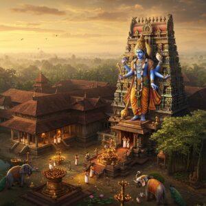 A majestic aerial view of the ancient Thriprayar Sri Krishna Temple during golden sunset, with Lord Krishna in His powerful four-armed form holding the Sudarshana Chakra, conch, mace, and lotus. The temple architecture features intricate Kerala-style copper-plated roof structures with golden finials. Surrounding the temple are mystical elements like sacred lamp rows (nilavilakku), ethereal golden light particles, and blooming lotus ponds. The foreground shows devotees in traditional Kerala attire performing circumambulation. The scene includes symbolic elements like peacocks, elephants adorned with traditional temple ornaments, and banyan trees with hanging roots. Art style combines hyperrealistic digital rendering with traditional Kerala mural art elements, featuring rich colors like deep maroon, forest green, and burnished gold. Soft glowing halos and mystical light streams create an otherworldly atmosphere. The overall composition emphasizes the temple's spiritual grandeur and timeless sanctity, with a dreamy, ethereal quality enhanced by subtle fog and divine light rays filtering through clouds.