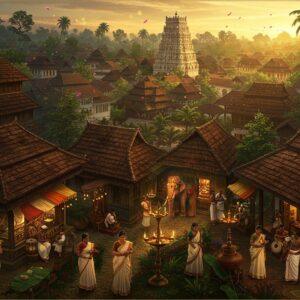 A vibrant aerial view of Thrissur city at golden hour, dominated by a detailed Malayali architectural landscape with traditional tiled-roof houses and modern buildings seamlessly blending together. In the foreground, a bustling street scene features colorfully dressed Kerala women in traditional cream and gold kasavu sarees walking past heritage buildings with intricate wooden carvings. Local tea shops with brass kettles, banana leaf meals, and traditional bronze lamps create warm, inviting vignettes. The scene includes glimpses of cultural elements like Panchavadyam performers with traditional drums, elephants adorned with golden nettipattam, and artisans crafting traditional bronze vessels. Soft, ethereal lighting bathes the scene, with rays of sunlight filtering through coconut palms. The color palette features deep greens, warm golds, rich browns, and peaceful blues. Art style combines hyperrealistic digital art with traditional Kerala mural art elements, featuring intricate patterns and borders. A mystical atmosphere is created with subtle floating lotus petals and delicate light orbs, suggesting spiritual energy.