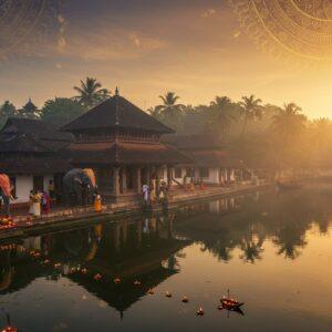 A serene aerial view of the Arattupuzha temple complex at dawn, with golden sunlight filtering through morning mist over the Kerala-style architecture. The main temple features traditional copper-plated roof, whitewashed walls, and intricate wooden carvings. Sacred elephants adorned with traditional nettipattam stand majestically near the temple entrance. In the foreground, a reflective pool mirrors the temple structure, with floating lotus flowers and oil lamps. The surrounding landscape shows lush coconut groves and the meandering Karuvannur River with traditional wooden boats. Devotees in Kerala traditional attire (mundu and kasavu sarees) perform morning rituals. Soft rays of light create a mystical atmosphere with traces of temple incense smoke rising in spirals. The scene combines photorealistic details with ethereal Madhubani-inspired patterns in the sky, featuring intricate mandalas in gold and saffron hues. The composition should have rich, deep colors - maroon, peacock blue, and gold, with a dreamy, spiritual quality enhanced by soft glowing diyas and morning light.