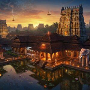 A magnificent aerial view of Koodalmanikyam Temple during sunrise, with golden rays illuminating its traditional Kerala-style architecture, featuring multiple copper-covered roofs and intricate wooden carvings. The main shrine dedicated to Bharata (Sangamanatha) glows with a divine aura, surrounded by traditional brass oil lamps. In the foreground, a stylized lotus-filled temple pond reflects the temple's image. The scene incorporates mystical elements with swirling energy patterns in deep blues and golds, reminiscent of Madhubani art. Sacred elephants adorned with traditional Kerala temple decorations stand majestically near the temple entrance. The surrounding landscape shows other prominent temples of Thrissur in a dreamlike, minimalist style, connected by threads of golden light. The atmosphere is enhanced by floating diyas, trailing sacred smoke, and ethereal manifestations of traditional Kerala temple arts like Theyyam dancers in the background. The color palette focuses on deep maroons, rich golds, and peaceful blues, with intricate mandala patterns subtly woven into the sky. The overall composition should be photorealistic with mystical elements, creating a sense of divine presence and cultural heritage.