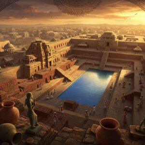 A majestic aerial view of an intricately detailed Indus Valley city, featuring the iconic Great Bath of Mohenjo-daro in the center with pristine blue water reflecting golden sunlight. The scene combines archaeological accuracy with artistic beauty, showing perfectly aligned burnt brick structures, granaries, and the citadel. In the foreground, masterfully crafted Indus Valley artifacts - the Dancing Girl bronze statue, unicorn seals, and pottery with geometric patterns in rich terracotta hues. The lighting is dramatic with warm sunset colors casting long shadows across the ancient streets. Intricate Indus script symbols subtly blend into the architectural details. The scene includes small human figures in period-accurate clothing engaging in daily activities. The art style merges photorealistic archaeological details with Madhubani-inspired decorative elements in deep maroons, ochres, and peacock blues. Swirling, ethereal light patterns reminiscent of mandalas frame the composition, while lotus motifs emerge from weathered stone textures. The overall mood is mysterious yet inviting, with a soft golden glow permeating the scene.