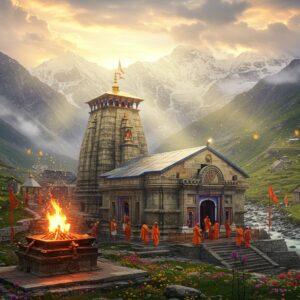 A majestic ancient stone temple complex nestled in the snow-capped Himalayas, architectural style matching Kedarnath temple, with intricate Nagara-style carved details and a golden spire piercing through misty clouds. The eternal flame (Akhand Dhuni) glows prominently in the foreground, casting warm orange light on the temple's stone walls. Surrounding the temple are blooming Brahma Kamal flowers and verdant terraced meadows. A pristine mountain stream flows nearby, reflecting the golden sunrise. In the background, the mighty peaks of Kedarnath range tower majestically. The scene is enhanced with ethereal light rays breaking through clouds, creating a divine atmosphere. Small groups of pilgrims in traditional attire are seen performing parikrama. The art style combines hyperrealistic digital painting with traditional Pahari miniature art elements, featuring rich colors like deep maroons, saffron, and celestial blues. Ornate mandala patterns and sacred geometry subtly frame the composition, with soft golden particles floating in the air suggesting divine presence.