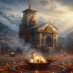A majestic ancient stone temple complex nestled in the Himalayas, with snow-capped peaks in the background, rendered in a blend of Madhubani and modern digital art style. The temple's main spire features intricate carved details illuminated by a divine golden glow. In the foreground, an eternal flame burns in a decorated brass kund, with smoke forming subtle patterns of Lord Shiva and Parvati's celestial wedding. The scene is adorned with vibrant marigold garlands and floating lotus flowers. Traditional oil lamps cast a warm, ethereal light across the temple courtyard, where detailed rangoli patterns made with flowers decorate the ground. Soft morning mist surrounds the temple, creating a mystical atmosphere, while rays of sunlight pierce through clouds, creating golden beams. The color palette combines deep maroons, saffron, and gold with cooler Himalayan blues and greens. Small groups of devotees in traditional Uttarakhandi attire are shown performing circumambulation around the temple. The architectural details should be historically accurate to the original Triyuginarayan Temple, with its distinct Nagara style.