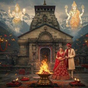 A majestic ancient stone temple nestled in the Himalayas with snow-capped peaks in the background, featuring traditional Nagara architecture with intricate carvings. The temple's main shikhara rises prominently, adorned with detailed sculptures and sacred symbols. In the foreground, an eternal flame burns in a brass kund, emitting a divine golden glow. A newly wedded Indian couple in traditional wedding attire (the bride in red lehenga with gold embroidery, the groom in cream sherwani) performs pradakshina around the sacred fire. Lord Shiva and Parvati appear as ethereal, semi-transparent divine forms blessing the couple from above, with soft golden light emanating from them. The scene is enhanced with floating marigold petals, wisps of holy smoke, and glowing diyas. The color palette features deep maroons, burnt oranges, gold, and cool Himalayan blues. The artistic style combines hyperrealistic architectural details with mystical, ethereal elements, incorporating both Pahari and contemporary digital art techniques. The atmosphere captures both the temple's ancient sanctity and its romantic significance.