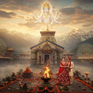 A breathtaking aerial view of the ancient Triyuginarayan Temple nestled in the Himalayas, with snow-capped peaks in the background during golden hour. The temple's traditional Nagara architecture style is adorned with glowing diyas and marigold garlands. In the foreground, a radiant Indian bride in a deep red Banarasi silk lehenga with intricate gold embroidery stands beside her groom in an ivory sherwani with golden details. They're performing a pradakshina around the eternal flame (Akhand Dhuni) that's believed to burn since Shiva-Parvati's wedding. The scene is enhanced with floating mandala patterns in gold and saffron, while Lord Brahma, depicted with four heads and hands holding sacred texts, blesses the couple from a translucent ethereal form above. The atmosphere is mystical with swirling fog, floating flower petals, and soft rays of divine light breaking through clouds. The composition includes traditional wedding elements like kalash, sacred fire, and celestial flowers, all rendered in a harmonious blend of traditional Pahadi art style and modern digital aesthetics, using a color palette of deep maroons, burnished golds, and pristine whites.