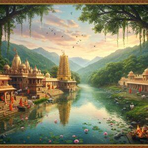 A mystical aerial view of the sacred Tunga River flowing like liquid silver through lush Western Ghats, curving around the ancient Sringeri temple complex. The temple's golden spires reflect in the crystal-clear waters, creating magical light patterns. In the foreground, stone steps (ghats) descend into the river where devotees in traditional Indian attire perform rituals. Large banyan trees with hanging roots frame the scene, their leaves catching the warm morning light. Sacred cows graze peacefully near the riverbank. The sky features soft pastel clouds with hints of orange and pink, while floating lotus flowers and marigold petals dot the river's surface. Multiple layers of mountains fade into the misty background in varying shades of green. Intricate Madhubani-style border patterns in gold and peacock blue accent the corners. The scene is rendered in a harmonious blend of photorealistic and traditional Indian art styles, with ethereal lighting and a dreamy atmosphere. Natural elements like birds, butterflies, and temple bells add movement to the composition. --ar 16:9 --v 5.2