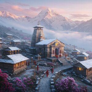 A serene aerial view of the ancient Tungnath temple perched majestically at 12,000 feet, with snow-capped Himalayan peaks in the background. The temple architecture features traditional Nagara style with intricate stone carvings, surrounded by blooming rhododendrons and alpine meadows. In the foreground, a small cluster of wooden and stone guest houses with sloping roofs covered in light snow, warm golden lights glowing from their windows. A winding stone pathway leads to the temple, lined with prayer flags and small shops. The scene is illuminated by a mystical sunrise, casting soft pink and orange hues across the landscape, with wispy clouds creating a dreamlike atmosphere. Small groups of pilgrims in traditional winter attire are seen walking the path. The artwork style combines hyperrealistic digital painting with elements of traditional Pahadi art, featuring rich details in the architecture and natural elements, while maintaining a modern, ethereal aesthetic with lens flares and atmospheric lighting.