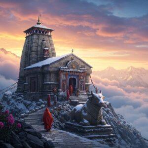 A majestic ancient stone Shiva temple perched dramatically on a snow-capped Himalayan peak at sunrise, with the temple's ornate shikhara rising against cotton-candy pink clouds. The temple features traditional Nagara architecture with intricate stone carvings of deities and celestial beings. A stone pathway decorated with prayer flags leads to the temple, winding through mist-covered rocky terrain. In the foreground, a group of pilgrims in traditional Indian winter wear (woolen shawls and caps) climb the steps. The scene is illuminated by golden morning light creating a divine aura around the temple structure. Sacred Nandi bull statue guards the temple entrance, partially covered in fresh snow. Distant mountain peaks visible in background create depth. The artwork combines hyperrealistic digital painting with traditional Indian temple art style, featuring rich colors like deep blues, golden oranges, and pure whites of the snow. Ethereal light rays pierce through clouds, creating a mystical atmosphere. The scene is framed by traditional Himalayan rhododendron flowers in bloom.