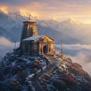 A majestic Himalayan landscape depicting the ancient Tungnath temple perched on a snow-dusted peak at 12,000 feet, illuminated by golden sunrise rays. The temple architecture features intricate stone carvings in traditional Nagara style with a curved shikhara. In the foreground, three Indian trekkers (two men, one woman) in modern winter gear ascend stone steps through rhododendron forests, their paths illuminated by soft, ethereal morning light. Mist swirls around the mountain peaks, creating a mystical atmosphere. The scene includes prayer flags fluttering in the wind, creating leading lines toward the temple. The color palette combines deep blues and purples of the mountains with warm golds of sunrise and vibrant reds of rhododendrons. The style merges hyperrealistic digital painting with traditional Pahari miniature art elements, featuring detailed textures of snow, stone, and clouds. The composition shows both the grandeur of the highest Shiva temple and the human endeavor to reach it, with dramatic aerial perspective showing the vast mountainous landscape beyond.