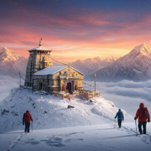 A majestic snow-covered Tungnath temple perched on a Himalayan peak at sunrise, with its traditional Nagara architecture detailed in intricate gold and marble against pristine white snow. In the foreground, two Indian trekkers (one male, one female) in modern colorful winter gear (red and blue) navigating through knee-deep snow, their breath visible in the cold air. The sky features dramatic pink and orange hues merging with deep blues, while prayer flags flutter in the wind. Ethereal golden light illuminates the snow crystals, creating a magical sparkle effect. The scene includes traditional Madhubani-style borders with geometric mountain patterns in deep blue and gold. The landscape shows winding snow-covered trails leading to the temple, with towering Himalayan peaks in the background including Chandrashila summit. Mystical fog partially shrouds the lower valleys, while the temple's shikhara emerges clearly against the sky. Photo-realistic style with elements of fantasy, emphasis on dramatic lighting and atmospheric perspective, ultra-detailed snow textures, high-resolution digital art.