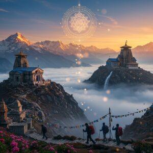 A majestic Himalayan landscape at sunrise, featuring two sacred mountain peaks with ancient stone temples perched on their summits, connected by a winding trail through misty clouds. The Tungnath temple shows intricate North Indian architecture with a golden spire, while Rudranath temple emanates a mystical blue aura. In the foreground, silhouettes of trekkers with backpacks and trekking poles navigate steep stone steps adorned with prayer flags. The scene includes blooming Brahma Kamal flowers, local rhododendrons, and snow-capped peaks in the distance. A ethereal Lord Shiva yantra mandala floats in the sky, casting golden light rays. The color palette features deep blues, misty grays, sunrise oranges, and sacred saffron. The art style combines photorealistic mountain textures with mystical Indian elements, glowing particles, and a surreal atmosphere. Small waterfalls cascade down the mountainside, creating a dreamy effect with light catching the water droplets. The composition should include prayer bells, traditional architecture details, and local Himalayan flora in Madhubani-inspired patterns.