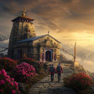 A majestic Himalayan temple perched high on a snow-dusted peak, featuring the ancient stone Tungnath temple with its distinctive North Indian temple architecture and conical spire against a dramatic sunrise sky in shades of saffron and deep blue. The temple is surrounded by colorful prayer flags fluttering in the wind. In the foreground, a winding stone-paved path leads up to the temple, decorated with vibrant rhododendrons and alpine flowers in pink and red. Two trekkers, an Indian couple in modern hiking gear and traditional prayer scarves, ascend the path with trekking poles. The scene is illuminated by warm, golden morning light breaking through misty clouds, creating a ethereal atmosphere. The background showcases towering Himalayan peaks of Chandrashila and Kedar range in realistic detail. Art style combines hyperrealistic digital painting with elements of traditional Pahadi art, featuring intricate architectural details on the temple and mystical mountain patterns. The overall mood is serene and spiritual with a sense of adventure.