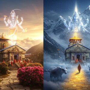A majestic split-screen composition showing two sacred Himalayan temples: Tungnath and Kedarnath, connected by a mystical golden pathway floating in the clouds. On the left, Tungnath temple perched on a gentle slope with blooming rhododendrons, warm sunrise colors, and easier stone-paved steps. On the right, Kedarnath temple amidst snow-capped peaks, more rugged terrain, and challenging mountain paths with dramatic lighting. Lord Shiva appears as a translucent, ethereal form in the center, blessing both paths, with 4 hands holding trishul, damaru, rudraksha mala, and abhaya mudra. The scene features traditional Himalayan prayer flags, pilgrims in traditional attire, and sacred yaks. Streams of divine light illuminate both temples. The art style combines hyperrealistic digital painting with Indian mystical elements, ghostly snow particles, and lens flares. The color palette includes deep blues, pristine whites, earthy browns, and touches of saffron and gold. The atmosphere suggests both adventure and spiritual transcendence, with detailed architectural accuracy of both temples.