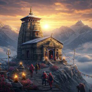A majestic ancient stone Shiva temple perched atop snow-capped Himalayan peaks at sunrise, with intricate Kedarkhand architecture details rendered in traditional Pahadi style. The temple's shikhara emerges through wispy clouds at 3680 meters, with golden sunlight illuminating its weathered stones and ornate carvings. In the foreground, a group of spiritual trekkers in colorful winter gear ascending stone steps through prayer flags and blooming Brahma Kamal flowers. The scene features mystical elements like swirling ethereal mist, glowing trishuls, and sacred yaks. The color palette combines deep mountain blues, golden sunrise hues, and silvery snow, with hints of maroon and saffron from prayer flags and flowers. The composition shows both the grandeur of the landscape and the intimate spiritual journey, with detailed Madhubani-style patterns in the clouds and mountains. Hyperrealistic digital art style with fantasy elements, dramatic lighting, and atmospheric depth.