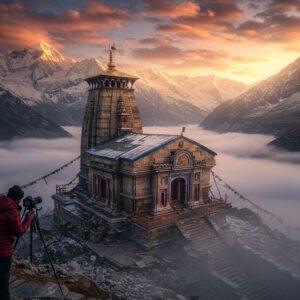 A majestic aerial view of the snow-capped Tungnath temple perched at 12,000 feet, surrounded by the towering Himalayan peaks at golden hour. The ancient stone temple features intricate Nagara architecture with detailed carved spires glowing in warm sunlight. In the foreground, a young Indian photographer in modern winter gear (burgundy puffer jacket) positions their professional camera on a tripod, capturing the scene. Mystical morning mist swirls around the temple base, while prayer flags flutter in the mountain breeze. The landscape shows dramatic valleys below with patches of snow and alpine meadows. The sky features ethereal pink and orange clouds with rays of sunlight breaking through. The scene combines elements of Madhubani art style in the details of the temple architecture with modern digital art aesthetics. Rich colors of deep blues, golden oranges, and maroon dominate, with sacred Om symbols subtly integrated into the swirling mists. The entire composition has a serene yet dramatic feel, with an emphasis on the temple's spiritual significance and natural grandeur.