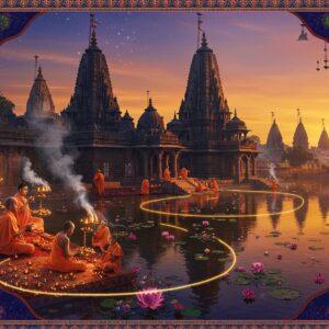 A mystical aerial view of Ujjain's sacred skyline at sunrise, dominated by the ancient Mahakaleshwar temple's ornate spires in black stone with gold accents. The temple complex reflects in the sacred Shipra River, which flows with crystal-clear waters adorned with floating lotus flowers and diyas. In the foreground, a group of sadhus in saffron robes perform aarti with brass lamps, creating golden light trails. The scene is surrounded by intricate Madhubani-style borders featuring peacocks, sacred symbols, and geometric patterns in deep indigo and burnished gold. Ethereal smoke from ritual fires swirls in the air, forming subtle mandala patterns. The sky features a gradient from deep purple to orange, with stars still visible and illuminated by the first rays of sun. Multiple temple towers are visible in the distance, their silhouettes creating a spiritual cityscape. The scene is rendered in a combination of photorealistic and traditional Indian art styles, with emphasis on rich textures and intricate architectural details. Subtle golden particles float in the air, suggesting divine presence.