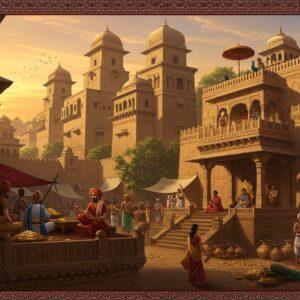 A majestic ancient Indian cityscape at sunset, featuring towering mud-brick buildings with intricate Madhubani-style patterns carved into their walls. In the foreground, a grand assembly hall with ornate pillars where noble Indian council members in rich silk dhotis and turbans engage in democratic discourse. The scene includes marketplace activities with merchants trading gold coins, pottery, and textiles. Ancient symbols of republic power - a golden lion throne and a ceremonial parasol - are prominently displayed. The atmosphere is enhanced by warm golden light casting long shadows, with peacocks perched on terrace edges. Intricate Pattachitra-style border details frame the scene, featuring mythological elements and traditional motifs in deep maroon and peacock blue. Digital art style with photorealistic texturing, complemented by subtle particle effects suggesting the passage of time. The composition maintains historical accuracy with period-appropriate architecture, clothing, and cultural elements of the Janapada era.