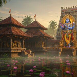 A majestic temple complex in Kerala architectural style with sloping tiled roofs and golden finials, illuminated by warm morning sunlight. Lord Krishna as Guruvayurappan stands in the center, depicted in traditional form with four hands - holding the conch (Panchajanya) in upper right hand, discus (Sudarshana Chakra) in upper left hand, mace (Kaumodaki) in lower right hand, and lotus flower in lower left hand. His skin is deep blue, adorned with bright yellow pitambara, elaborate gold ornaments, and a peacock feather crown. The temple's intricate stone carvings showcase traditional Madhubani-style details with elephants, peacocks, and lotus motifs. Glowing oil lamps and floating flower garlands create a mystical atmosphere. The foreground features a serene temple pond with blooming pink lotuses, while the background shows towering coconut palms. Soft morning mist adds an ethereal quality. The scene combines hyperrealistic digital art with traditional Indian temple architecture aesthetics, rendered in rich colors of gold, deep maroon, and peacock blue with intricate patterns and cultural motifs.