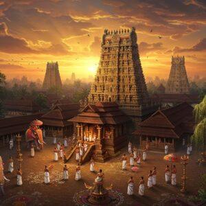 A majestic aerial view of Vadakkumnathan Temple during sunrise, with golden sunrays illuminating its traditional Kerala-style architecture, featuring four massive gopurams with intricate wooden carvings. The central shrine glows with a divine aura, surrounded by concentric circular walls. In the foreground, devotees in traditional Kerala attire (men in white mundus, women in off-white kasavu sarees) perform pradakshina around the temple. The scene includes elaborate Pooram festival elements - decorated elephants with golden nettipattam and colorful parasols, traditional percussion instruments (thimila, madhalam), and intricate kolam patterns made with flowers. The sky features mystical swirling clouds in deep oranges and purples, with floating lotus petals and divine light streaming down. The temple grounds show banyan trees with hanging roots, oil lamps, and sacred temple ponds reflecting the golden light. Art style combines hyperrealistic architectural details with ethereal lighting and traditional Keralan mural art elements, emphasizing the spiritual and cultural grandeur with rich, deep colors of maroon, gold, and peacock blue.