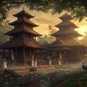 An ancient majestic Kerala-style temple with multi-tiered copper-sheeted roofs (characterized by steep slopes and dramatic overhanging eaves) set against a mystical golden sunset sky. The temple's intricate wooden architecture features ornate carvings of deities and mythological scenes in traditional Kerala style. The main shrine, dedicated to Lord Shiva, stands tall with golden flagstaff (dhwajasthambam) gleaming in divine light. The foreground shows a serene temple pond with blooming pink lotus flowers, while traditional Kerala brass lamps (nilavilakku) line the pathway. Ethereal streams of light filter through sprawling banyan trees decorated with hanging temple bells. The scene includes devotees in traditional Kerala attire (mundus and kasavu sarees) walking reverently through the temple courtyard. Soft mist surrounds the temple, creating a mystical atmosphere. The color palette includes deep maroons, burnished golds, forest greens, and warm earth tones. The architectural details are rendered in a hyperrealistic style while maintaining the traditional Madhubani-inspired patterns in the decorative elements. A few peacocks gracefully roam the temple grounds, adding to the divine ambiance. Photorealistic, cinematic lighting, architectural photography style, ultra-detailed, 8k resolution.