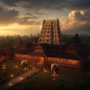 A majestic aerial view of the Vadakkumnathan Temple complex at golden hour, showcasing its iconic Kerala architectural style with multiple copper-sheeted roofs and golden flagstaffs against a dramatic sky with soft monsoon clouds. The temple's concentric quadrangular walls are intricately detailed with traditional Kerala mural art patterns in deep reds and golds. In the foreground, a beautifully lit stone pathway leads to the temple, lined with traditional brass lamps (vilakkumaadam) emitting a warm glow. Sacred elephants adorned with golden nettipattam stand regally near the temple entrance. The surrounding landscape features coconut palms swaying in the breeze, their fronds catching the evening light. The scene is rendered in a style combining hyperrealistic digital art with traditional Keralan artistic elements, featuring rich, deep colors of maroon, gold, and forest green. A subtle mandala pattern in the sky creates a spiritual atmosphere, while gentle rays of light pierce through the clouds, illuminating the ancient temple structure. The overall composition emphasizes the temple's grandeur and spiritual significance with photorealistic textures and atmospheric lighting effects.