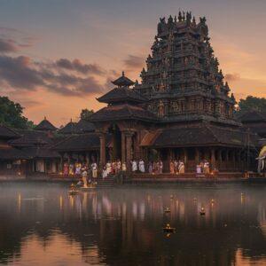 A majestic ancient Kerala-style temple with traditional copper-plated roof tiers rising against a mystical dawn sky, reflecting in serene temple pond waters. The massive temple structure features intricate wooden carvings of deities and mythological scenes in traditional Kerala architecture style. Lord Shiva as Vaikom Mahadeva stands tall in the center, depicted in his characteristic form with crescent moon on his head, third eye, four arms holding damaru, trident, abhaya mudra, and varada mudra. Sacred elephants adorned with golden nettipattam stand guard at the temple entrance. Devotees in traditional Kerala attire (men in white mundu, women in cream kasavu sarees) circumambulate the temple. Oil lamps illuminate the foreground, creating golden reflections in the water. The scene is enhanced with intricate Pattachitra-style border patterns featuring temple motifs and Kerala symbols. Soft morning mist adds ethereal quality while maintaining photo-realistic details. The color palette focuses on deep maroons, gold, and the characteristic Kerala temple colors with hints of dawn pinks and oranges in the sky.
