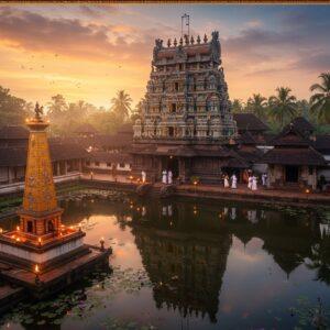 A majestic aerial view of Vaikom Mahadeva Temple during sunrise, with golden rays illuminating its traditional Kerala-style architecture, featuring multiple copper-plated roofs and white-washed walls. The main gopuram rises dramatically against a mystical sky filled with soft pink and orange clouds. A serene temple pond in the foreground reflects the temple structure perfectly, with blooming lotus flowers dotting its surface. Intricate Madhubani-style patterns frame the scene, incorporating elements of Kerala temple art with peacock motifs and elephant designs in deep maroon and gold. The temple's famous golden dwajasthambam (flag post) gleams brilliantly, while small groups of devotees in traditional Kerala attire (men in white mundus, women in cream kasavu sarees) walk through the temple courtyard. Oil lamps cast a warm, ethereal glow around the temple premises, creating patterns of light and shadow. The scene is rendered in a harmonious blend of photorealistic detail and dreamy, spiritual atmosphere, with soft lighting effects and a rich color palette of gold, saffron, deep blues, and earthy reds. Coconut palms sway gently in the background, typical of Kerala's landscape.