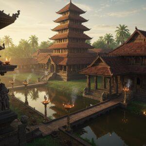 A magnificent aerial view of Vaikom Temple during golden hour, featuring its distinctive Kerala-style architecture with multiple-tiered copper-plated roofs (gopuras) gleaming in sunlight. The temple pond reflects the structure like a mirror, surrounded by towering palm trees. In the foreground, detailed Malayali-style wooden architecture with intricate carvings of elephants and peacocks adorns the temple walls. Stone pillars with ornate sculptures stand majestically, while oil lamps cast a warm, ethereal glow. Traditional Kerala-style brass deepastambhas (lamp posts) line the pathway. The scene captures both the grandeur and serenity, with subtle smoke from burning incense creating a mystical atmosphere. The color palette includes deep browns of aged wood, gold of copper roofs, and rich greens of tropical vegetation. Rendered in a fusion of hyperrealistic digital art with traditional Malayali artistic elements, emphasizing architectural details and spiritual ambiance. Soft morning mist hovers near the ground, creating a dreamy effect.