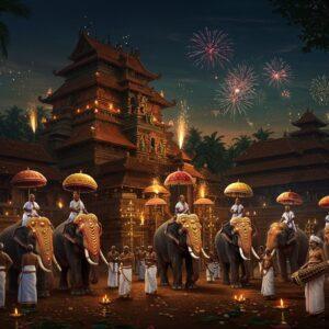 A majestic night scene of the illuminated Vaikom Shiva Temple with golden oil lamps casting warm glows, intricate Kerala-style architecture with copper-plated roofs reflecting moonlight. In the foreground, a grand procession featuring fifteen caparisoned elephants adorned with golden nettipattam and colorful umbrellas, standing in perfect formation. Traditional Panchavadyam performers in cream and gold mundus playing instruments with intense expressions. The scene includes temple priests in traditional white dhoti carrying thalapolikuda (ceremonial umbrellas), surrounded by hundreds of devotees holding brass lamps. Aerial sparks from traditional fireworks illuminate the sky in gold and amber. The atmosphere is filled with floating lotus petals and trails of incense smoke. The art style combines hyperrealistic digital rendering with traditional Kerala mural art elements, featuring rich colors like deep maroon, forest green, and burnished gold. The lighting emphasizes the contrast between the warm glow of lamps and the cool moonlight, creating a mystical ambiance.