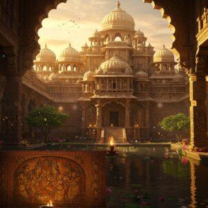 A majestic Indian palace complex in Vakataka architectural style, featuring intricately carved stone pillars and ornate archways with detailed Buddhist and Hindu motifs. The central structure rises in multiple tiers with signature curvilinear shikhara towers, illuminated by warm golden sunset light. In the foreground, a detailed recreation of Ajanta cave paintings in rich earth tones (burnt sienna, deep ochre, forest green) comes alive, showing elegant royal figures in period-accurate Vakataka-era clothing and jewelry. Floating magical particles and soft ethereal light illuminate the scene. The composition includes authentic Vakataka-period decorative elements like lotus patterns, geometric designs, and mythological creatures carved in stone. The atmosphere is mystical with subtle fog and light rays filtering through the architecture. The art style combines hyperrealistic architectural details with dreamlike lighting and traditional Indian art aesthetics. Secondary elements include peaceful water bodies reflecting the architecture, blooming native flowers, and symbolic elements like peacocks and sacred flames. The scene is rendered in a cinematic wide angle with dramatic depth and perspective.