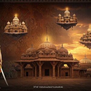 A majestic ancient Indian palace complex with distinctive Vakataka architecture, featuring ornate pillars and domed structures in rich maroon and gold, set against a dramatic sunset sky. In the foreground, a regal figure of King Vindhyashakti I stands wearing an elaborate golden crown and royal attire, holding a gleaming sword. Behind him, intricate Ajanta-style cave paintings come alive, depicting scenes of courtly life and battles. The scene is enhanced by detailed Madhubani-style border patterns featuring elephants, peacocks, and geometric designs in deep jewel tones. Floating architectural elements show multiple Vakataka capitals - Nandivardhan and Pravarapura - rendered in a surreal, ethereal style with glowing auras. The entire composition is illuminated by warm, golden light creating long shadows, with subtle spiritual symbols like the dharma chakra integrated into the architecture. The art style combines hyperrealistic architectural details with mystical Indian traditional art elements, creating a richly textured, cinematic quality.