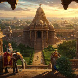 A majestic aerial view of ancient Vakataka architecture in central India, featuring a grand temple complex with intricate Nagara-style spires and domes in warm sandstone, surrounded by lush green forests. In the foreground, a noble Vakataka ruler stands regally on an ornate balcony, wearing elaborate golden armor, crown, and royal jewelry reflecting Gupta-era design. He's flanked by two majestic elephants adorned with rich embroidered tapestries in deep maroon and royal blue with gold accents. The scene shows magnificent stone-carved sculptures depicting scenes from Hindu mythology, with detailed craftsmanship in Ajanta cave style. The lighting is dramatic with golden sunset rays casting long shadows, creating a mystical atmosphere. In the background, a sprawling ancient city with traditional architecture, marketplaces, and defense fortifications extends toward the horizon. Multiple levels of ornate archways frame the scene, decorated with traditional Vakataka-era patterns and motifs. The art style combines hyperrealistic architectural details with ethereal lighting and rich, deep colors typical of Indian miniature paintings. Peacocks with spread feathers add vibrancy in the foreground gardens. The overall composition suggests power, prosperity, and cultural sophistication of the dynasty.