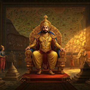 A majestic scene depicting a Vakataka emperor in golden armor and royal regalia, seated on an ornate throne adorned with peacock motifs and precious gems, inside a grand durbar hall. The emperor wears multiple layers of gold jewelry and a distinctive crown featuring the dynasty's emblems. Behind him, a massive detailed map of the Vakataka empire stretches across the wall, rendered in rich Madhubani style with intricate patterns showing territories, trade routes, and major cities. The left side features skilled artisans crafting detailed Buddhist cave paintings and sculptures, representing the dynasty's patronage of arts. The right side shows warriors in period-accurate armor mounting decorated war elephants, symbolizing military might. The foreground displays architectural marvels of the era - temples with intricate carvings and stupas with geometric patterns. The scene is illuminated by warm golden light streaming through ornate windows, creating dramatic shadows. The color palette includes deep maroons, royal blues, and burnished golds, with elements of traditional Indian art styles merged with digital enhancement. The overall composition should convey power, prosperity, and cultural sophistication of the Vakataka period.
