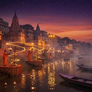 A mystical twilight scene of Varanasi's Dashashwamedh Ghat with ancient stone steps descending into the sacred Ganges, illuminated by hundreds of floating diyas and brass ceremonial lamps. In the foreground, three Indian priests in saffron robes perform the elaborate Ganga Aarti ceremony with large, ornate brass lamps creating spiraling trails of golden light. Intricate Madhubani-style patterns adorn the temple walls in deep maroon and peacock blue. The water reflects the warm glow of ritual fires and lanterns, creating mirror-like reflections. Ancient temples with detailed architecture rise in the background, their spires silhouetted against a deep purple-orange sky filled with stellar constellations. Wooden boats adorned with marigold garlands float serenely on the river. Ethereal mist rises from the water, giving the scene a supernatural quality. The entire composition is framed by ornate mandala patterns in gold and saffron. Photorealistic digital art style with magical realism elements, cinematic lighting, and rich, deep colors.