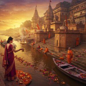 A mystical aerial view of Varanasi's ghats at dawn, with golden sunlight illuminating the ancient stone steps descending into the sacred Ganges. Traditional brass diyas float on the river, creating a trail of glowing lights. In the foreground, a young Indian woman in a deep maroon silk saree performs aarti, holding an ornate brass lamp with multiple wicks. Behind her, detailed Madhubani-style patterns emerge from the smoke of incense, depicting stories from Hindu mythology. The scene includes intricate architectural details of temples with gold-detailed spires, their reflections dancing in the river waters. Warm orange and purple hues dominate the sky, with floating marigold flowers and rose petals scattered across the water's surface. Several sadhus in saffron robes meditate on the steps, while wooden boats adorned with flowers and silk ribbons glide by. The art style combines photorealistic textures with ethereal, surreal lighting and traditional Indian artistic elements, creating a seamless blend of ancient and contemporary aesthetics.